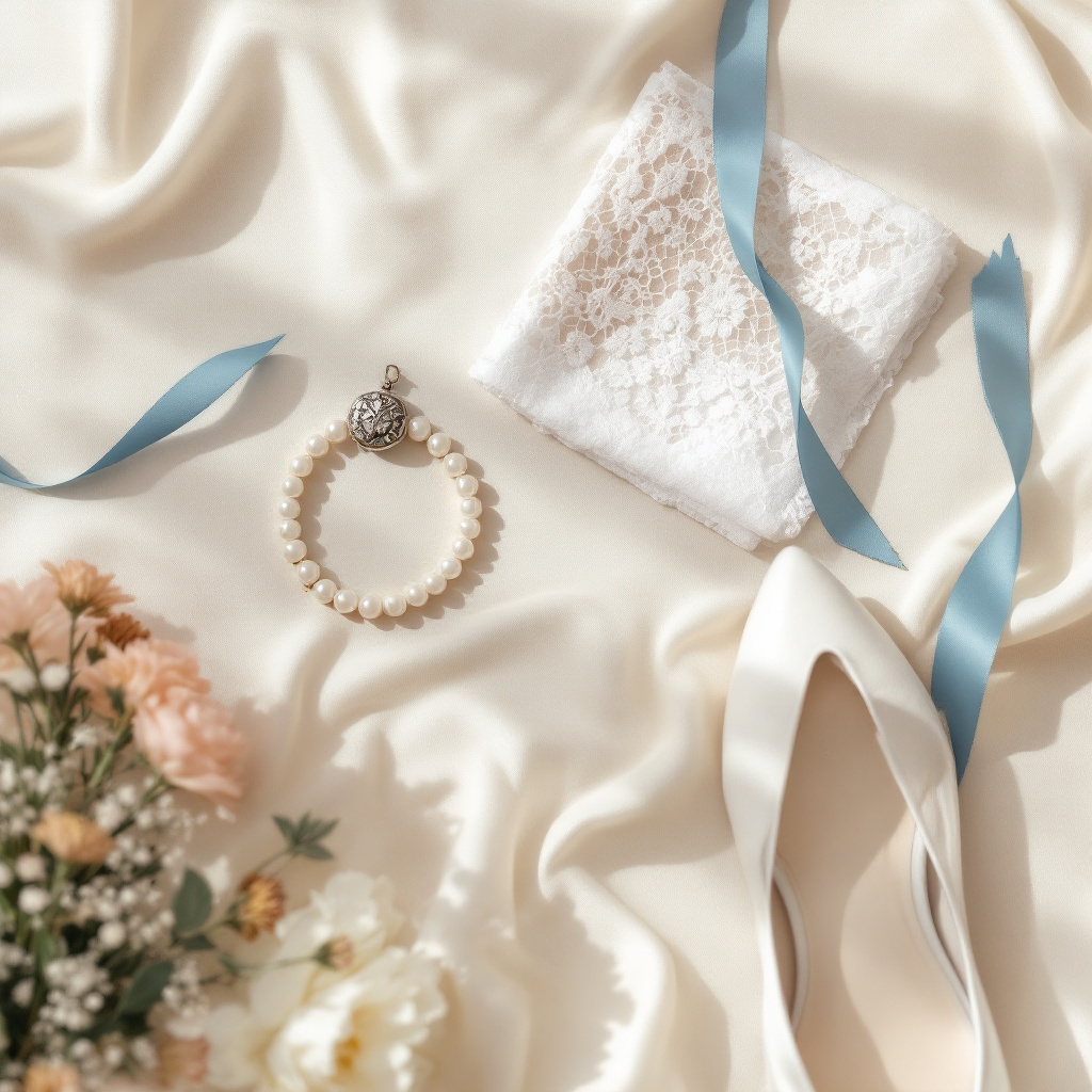 Bedeutung etwas altes etwas neues Hochzeit dargestellt mit Erbstück, neuem Schmuck, blauem Band und Brautschuhen