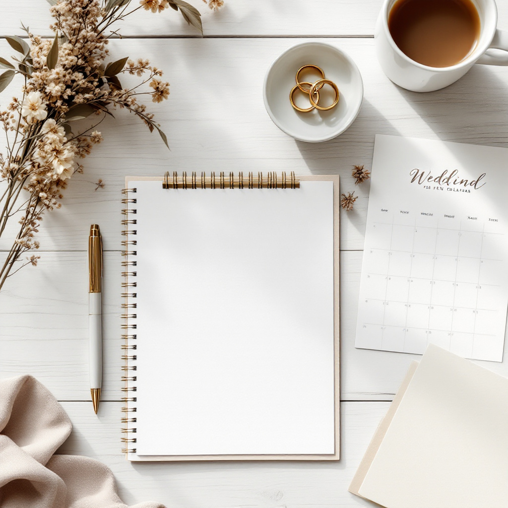 Hochzeit planen Checkliste 12 Monate mit Kalender, Notizen und Eheringen auf Holztisch