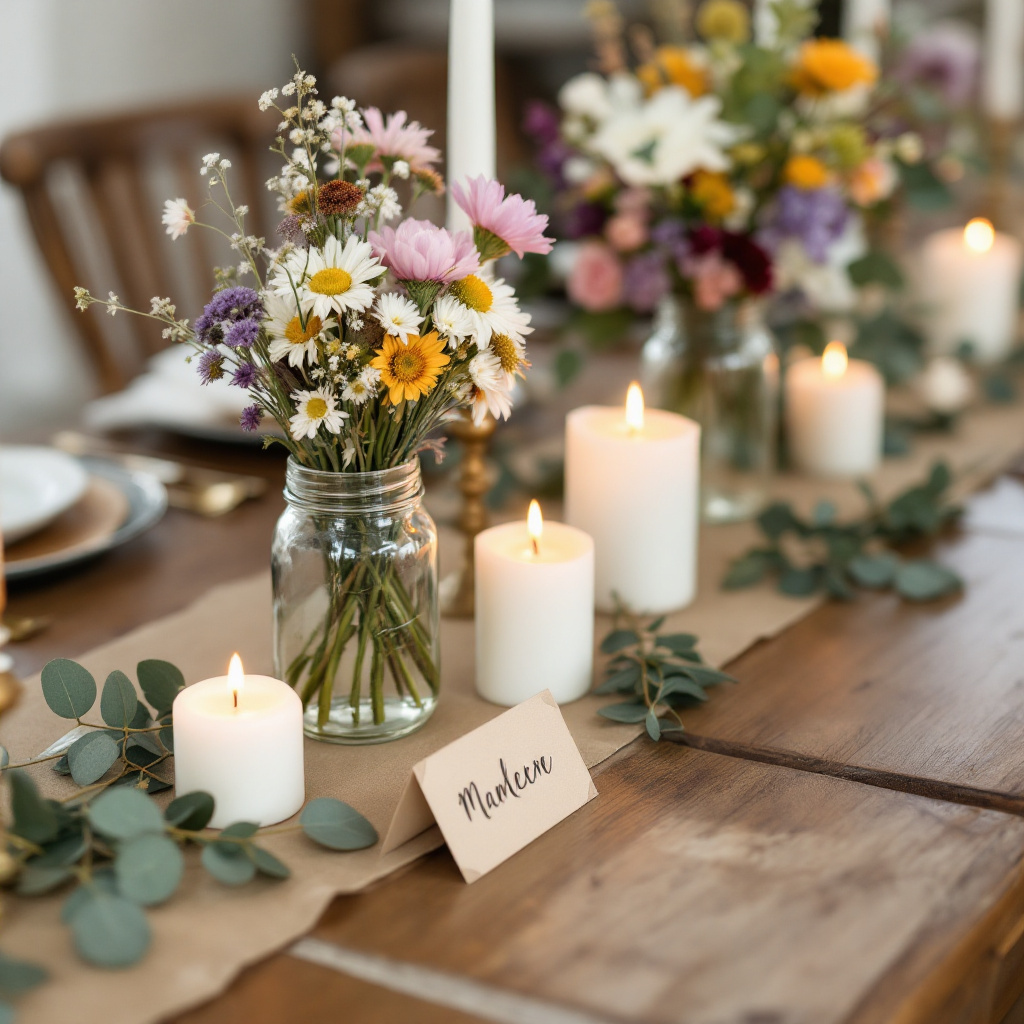Tischdeko Hochzeit selber machen günstig mit Weckgläsern, Kerzen und Wiesenblumen