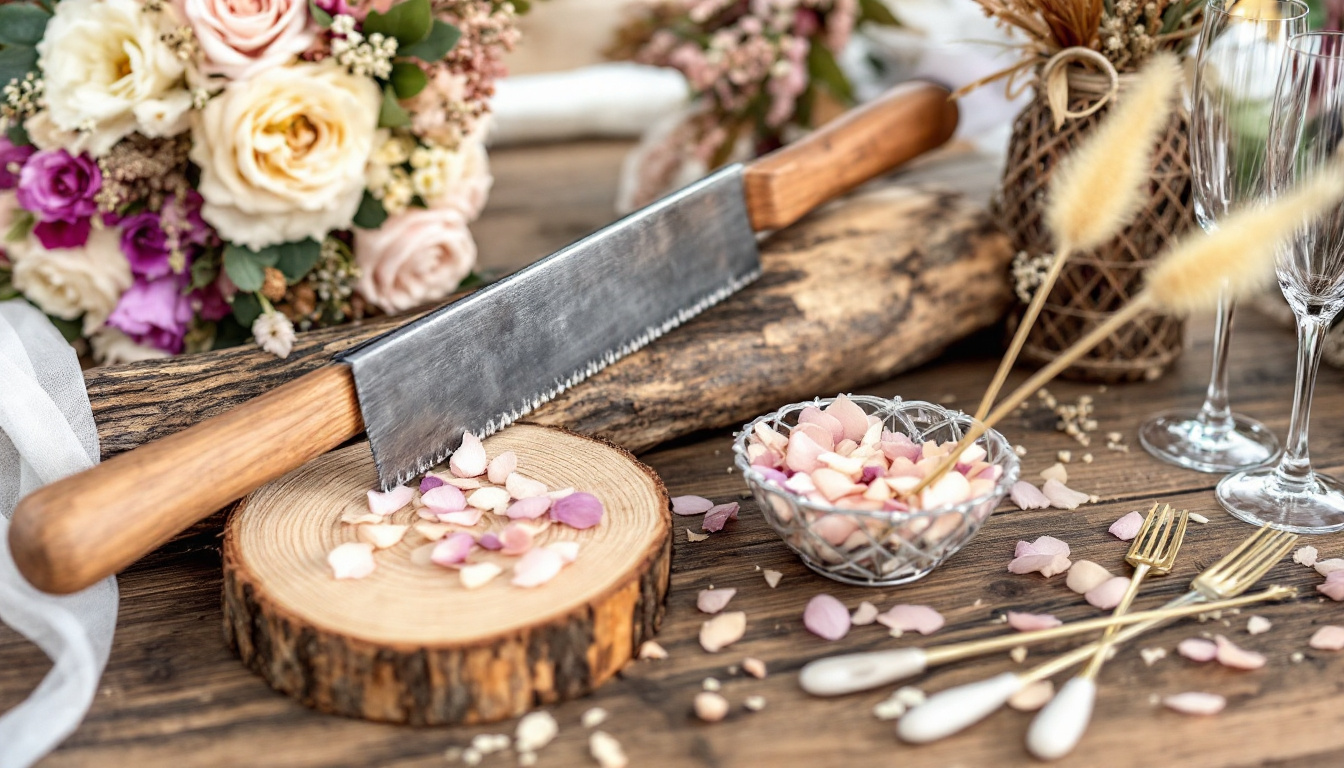 Requisiten für Bräuche zur Hochzeit: Baumstamm mit Säge, Brautstrauß und Blütenblätter