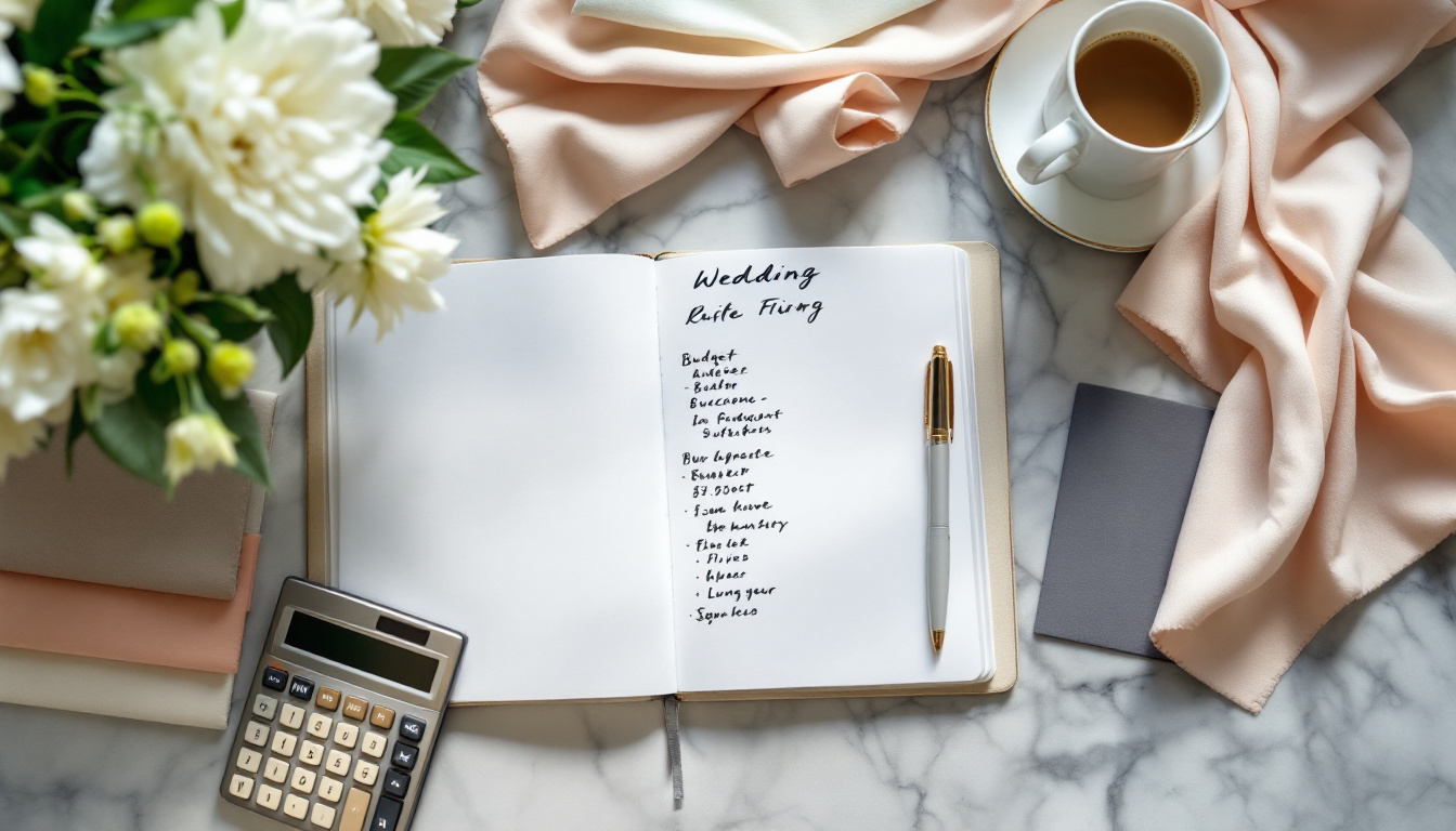 Schreibtisch mit Budgetliste und Taschenrechner zur Kalkulation der Hochzeitsplaner Kosten
