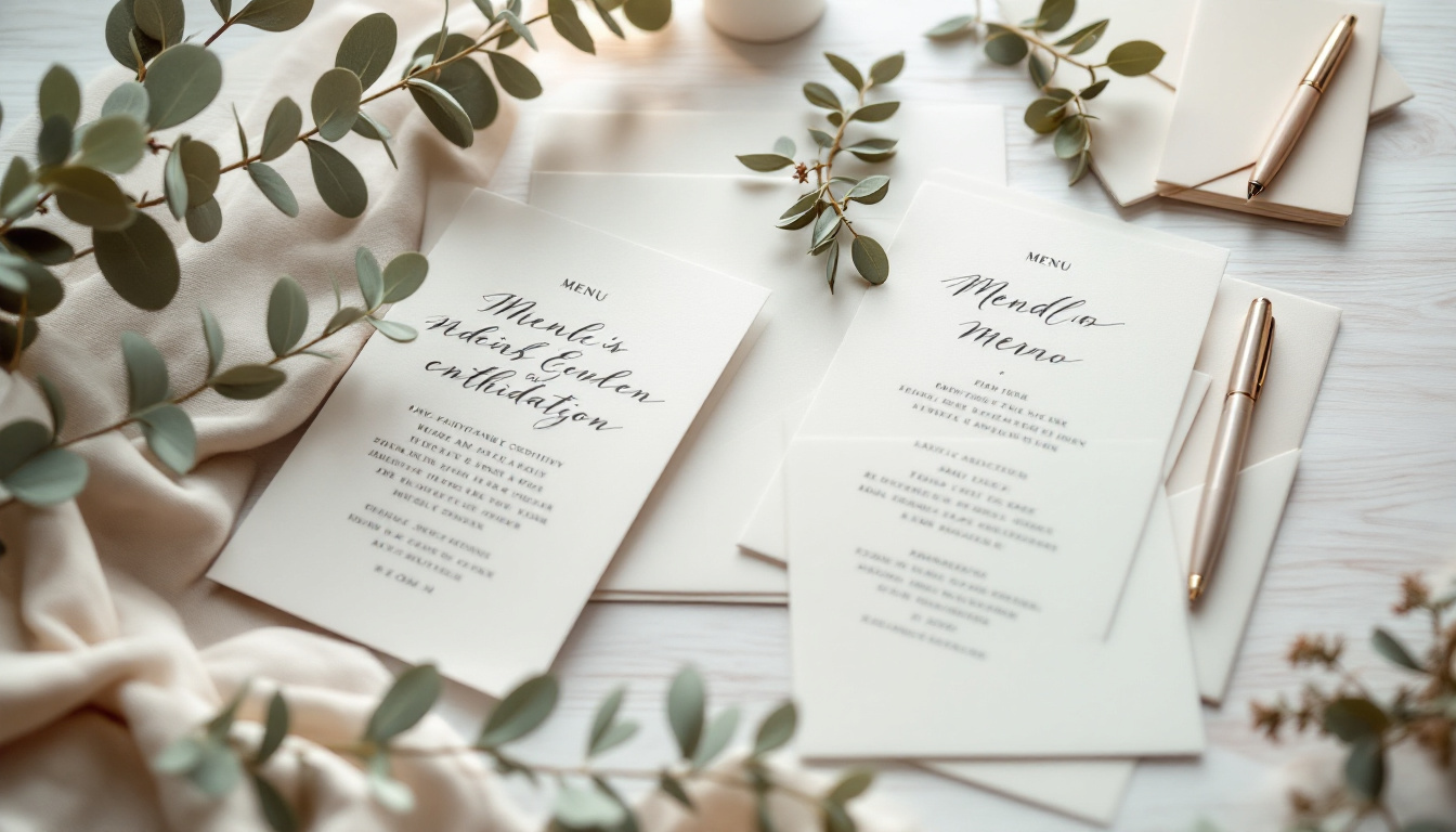Texte für eine Hochzeit: Einladungskarten, Menükarten und Füller auf einem Tisch