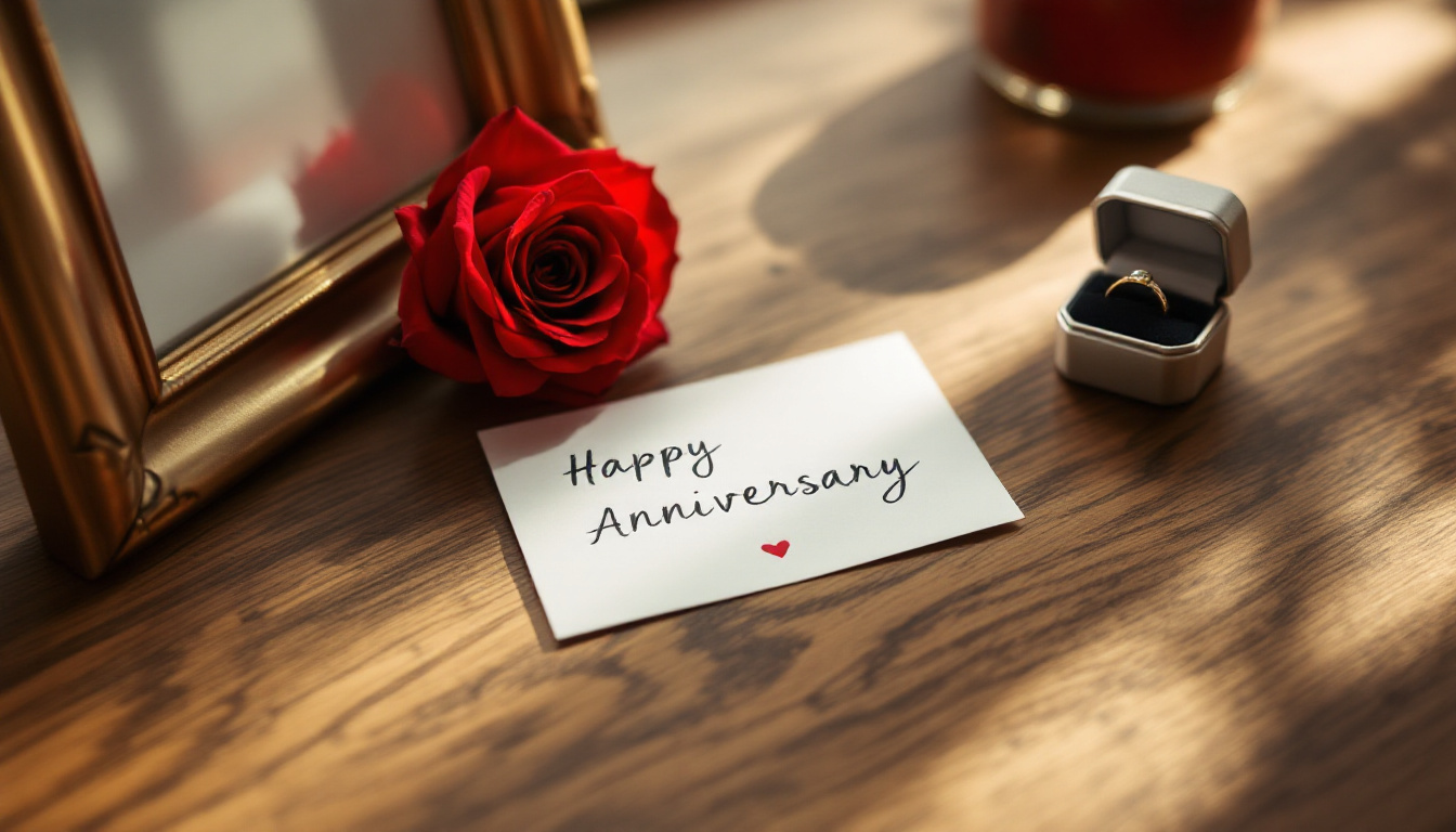 Symbole für den Hochzeitstag nach Jahr: Rose, Silberring und goldener Rahmen auf Holztisch