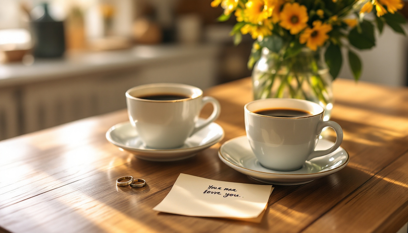 Zwei Kaffeetassen und Eheringe auf dem Tisch als Sinnbild für einen Tipp für die Ehe